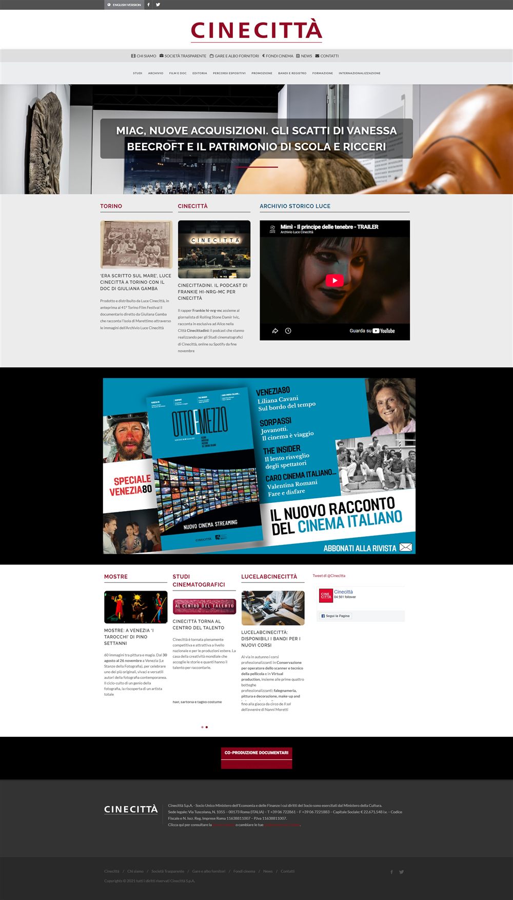Homepage del portale istituzionale Cinecittà